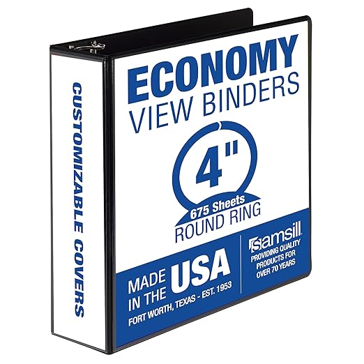 Samsill 4 Inch 3 Ring Binder, Economy Round Ring, Clear View Cover, 675 Sheet Capacity - for School, Home, Office - Black