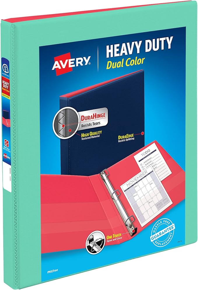 Avery Heavy-Duty Dual Color 3 Ring Binder, 0.5" One Touch Slant Rings, 135-Sheet Capacity, 0.7 Inch Wide Spine, Home, School Supplies, Office, or Organization Needs, Mint/Coral Binder (17881)