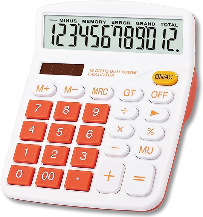 Large Calculator Orange Office Solar Dual Power Financial Dedicated 12 Digit Display Large Standard Function Desktop Business Calculator Multifunctional KA08
