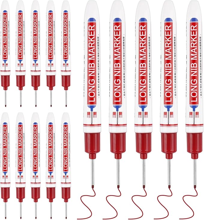 15 Pcs Long Nib Marker, 20 mm Long Head Deep Hole Marker Pens, Fine Nose Tip Deep Reach Permanent Paint Markers for Metal, Marking Pen for Drilling, Carpenter, Woodworking, Construction (Red)