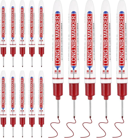 15 Pcs Long Nib Marker, 20 mm Long Head Deep Hole Marker Pens, Fine Nose Tip Deep Reach Permanent Paint Markers for Metal, Marking Pen for Drilling, Carpenter, Woodworking, Construction (Red)