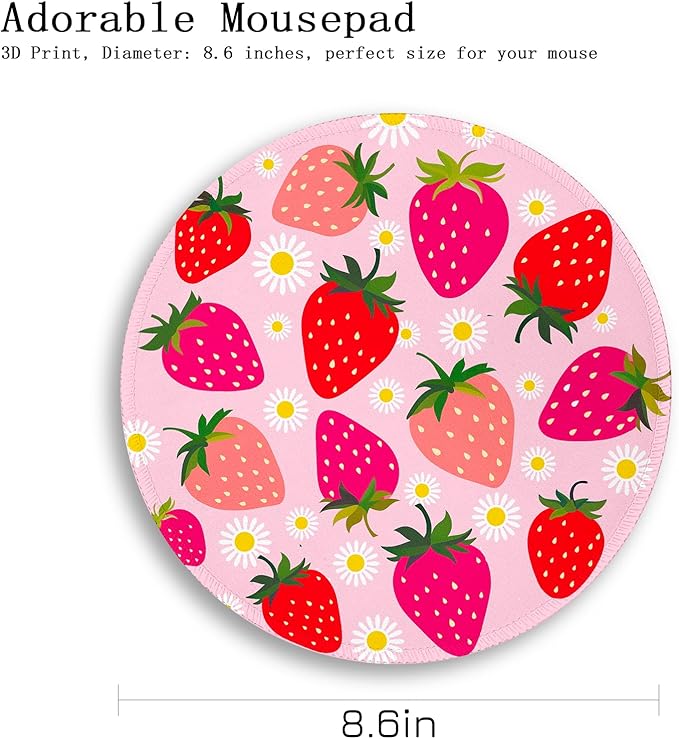 Gctriki Strawberry Mouse Pad, with Stitched Edge Non-Slip Rubber Base, Small Round Comfortable Computer Mousepad for Laptop Gaming Work, Pink Office Desk Accessories - Valentine's Day Gift for Her