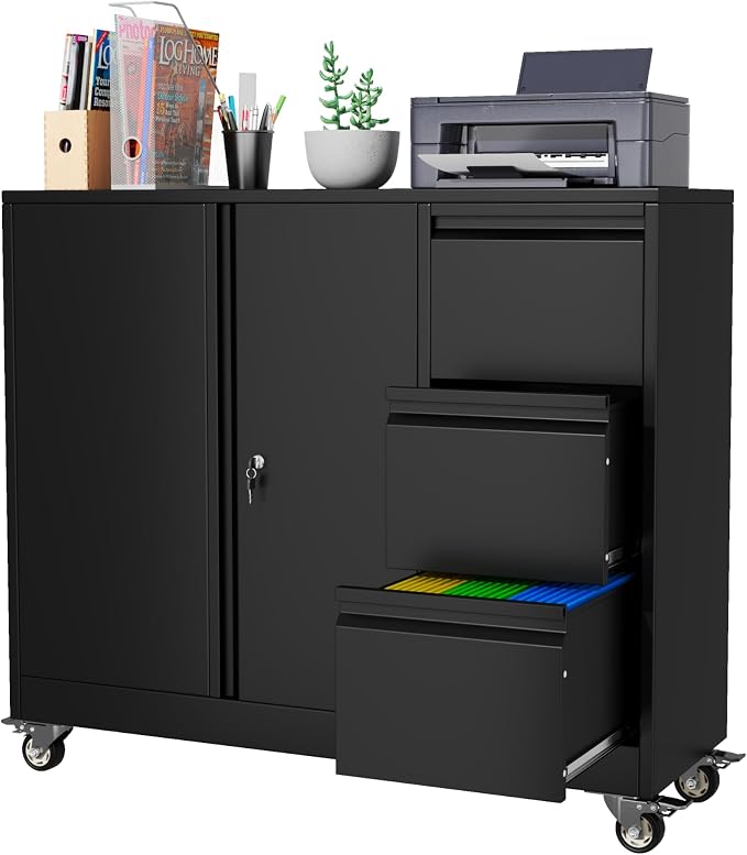 Mobile Large Lateral File Cabinet 3-Drawer,Home Office Rolling Filing Storage Cabinets with Lock & Wheels,Metal Printer Stand Office Storage A4,Letter Legal File Folders,Black