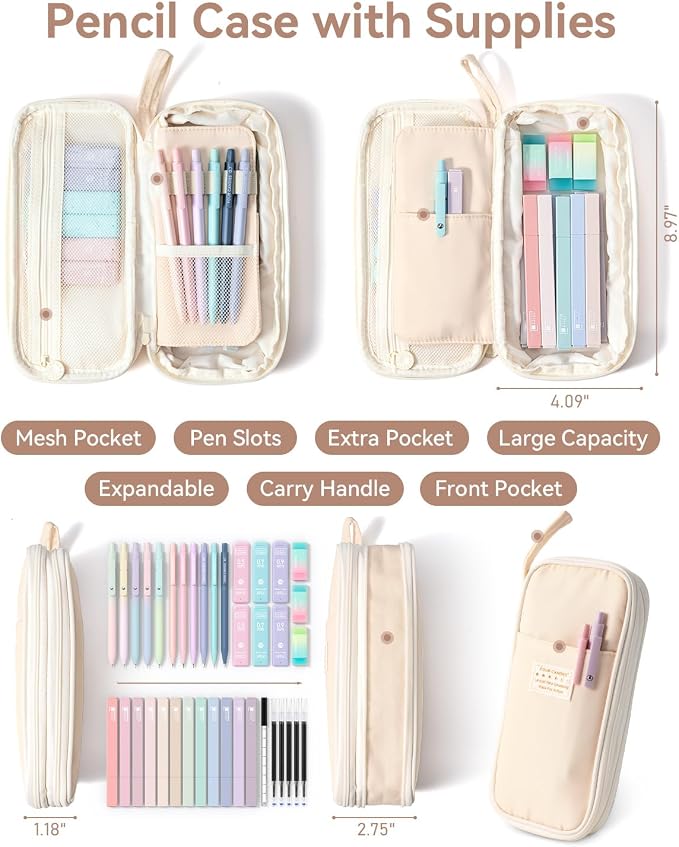 Four Candies School Supplies with Cute Pencil Case, 39ct, Cream | Back to School Stationery Set, Essentials for College & Nursing Students, 5 Gel Pens, 6 Mechanical Pencils, 12 Highlighters