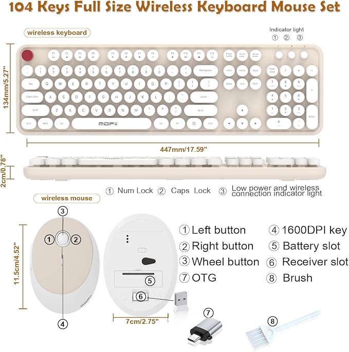 Wireless Keyboard Mouse, 104 Keys Cute Colorful Typewriter Creamy White | With OTG & Long Clean Bruch,Compatible With All windows and Type C Computer,1600DPI,Ideal For PC, Home, Office and College