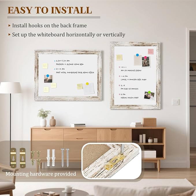White Board for Wall, 36'' x 24'' Magnetic Dry Erase Board, Rustic | Wooden Frame, Decorative Whiteboard, Wall Mounted, for Home, Office, Kitchen, Dorm, 4 Markers, 6 Magnets, A Eraser