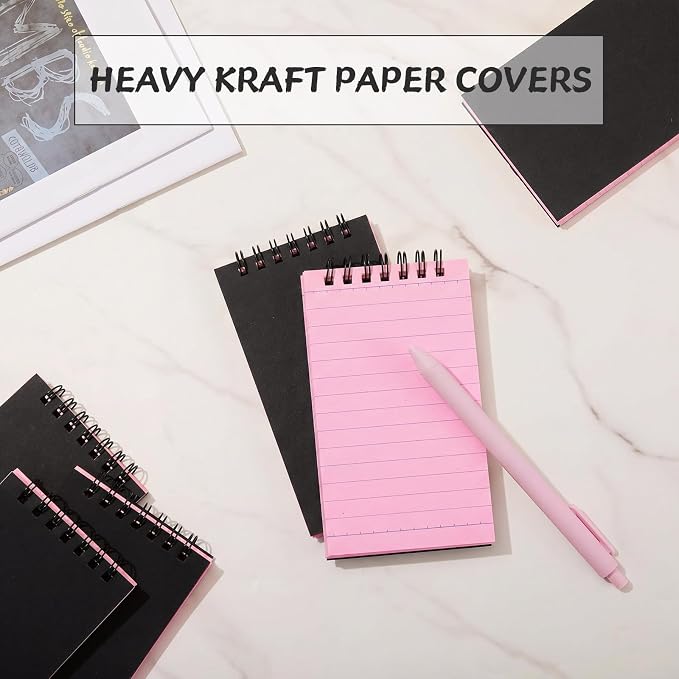 Tenceur 6 Pcs Pocket Notebook Small 3x5 Inch Black Cover Pink Page Top Spiral Notepads Bound Notebook with Lined 120 Pages Mini Memo Pads for Office College Nurse Essentials Back to School Gift