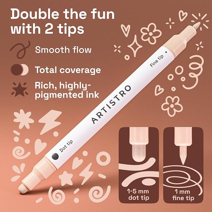 ARTISTRO Skin Tones Dual-Tip Acrylic Paint Marker Pens - Set of 12 | For Fabric, Rock, Glass, Wood, & Coloring Books, Arts & Crafts Gift, Classroom Must Haves & School Supplies (Dot & Fine Tips)
