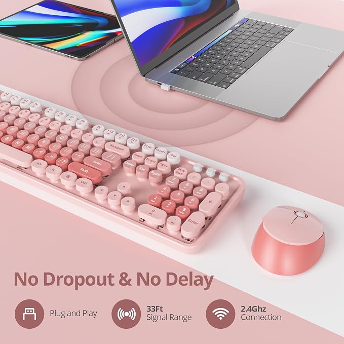 Wireless Keyboard Mouse, SbocKeeb Retro Typewriter Cute Keyboard Pink | 1600DPI Full Size With Number Pad & Mouse,Compatible With All Windows,Ideal For Computer, PC, Notebook, Laptop