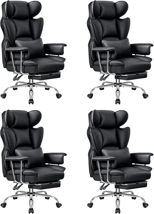 ALLGOD Big and Tall Ergonomic Office Chair with Footrest, High Back Executive Leather Office Chair, Reclining Computer Desk Chair, Comfy Heavy Duty Home Gaming Chair with Padded Arm, Black-4 Pack
