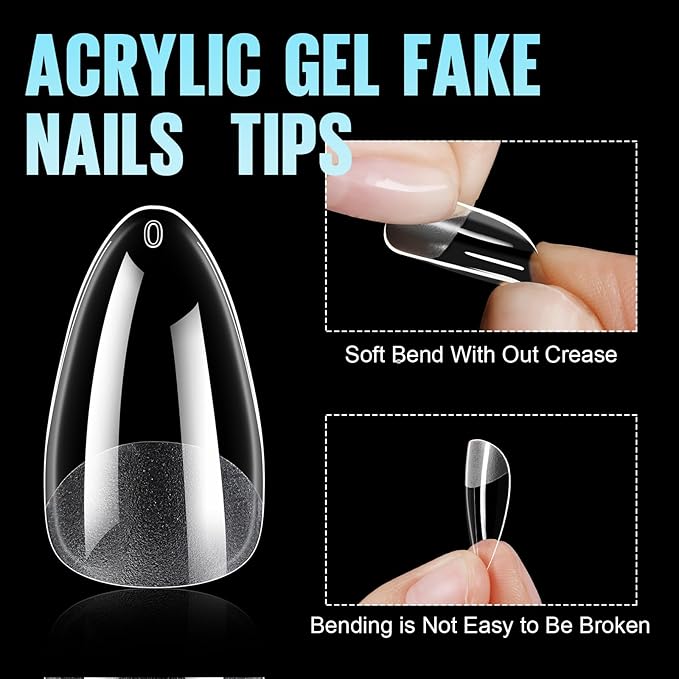 TOMICCA Medium Almond Nail Tips, 192Pcs 12 Sizes Acrylic Pre Buffed Medium Almond False Gel Tips, Full Cover Half Matte Nails for Nail Art Extension Press on Nails