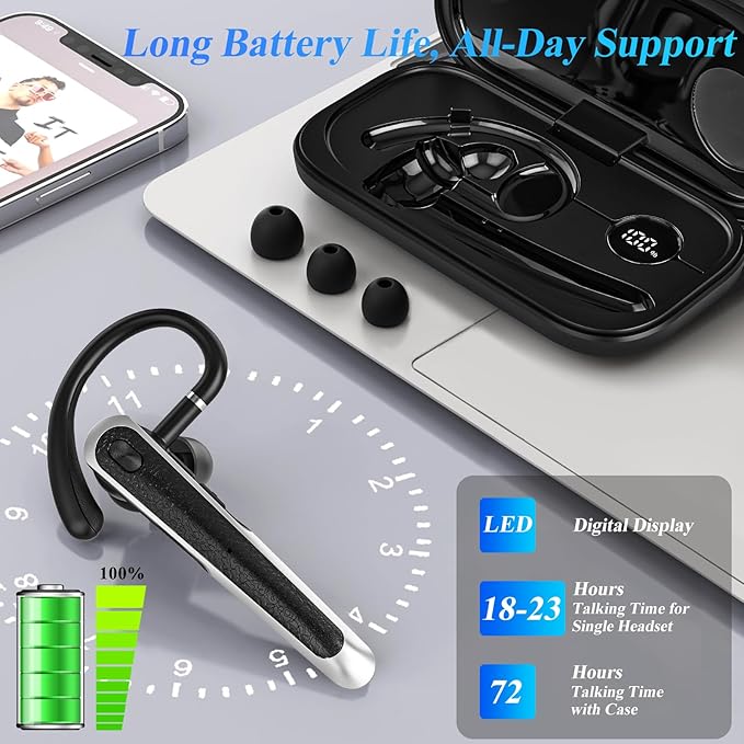 Bluetooth Headset, Wireless Bluetooth Earpiece with LED Display Charging Case, V5.3 Hands Free Noise Canceling Headphones with Dual-Mic for Computer/Laptop/Cell Phones/Home/Office/Trucker