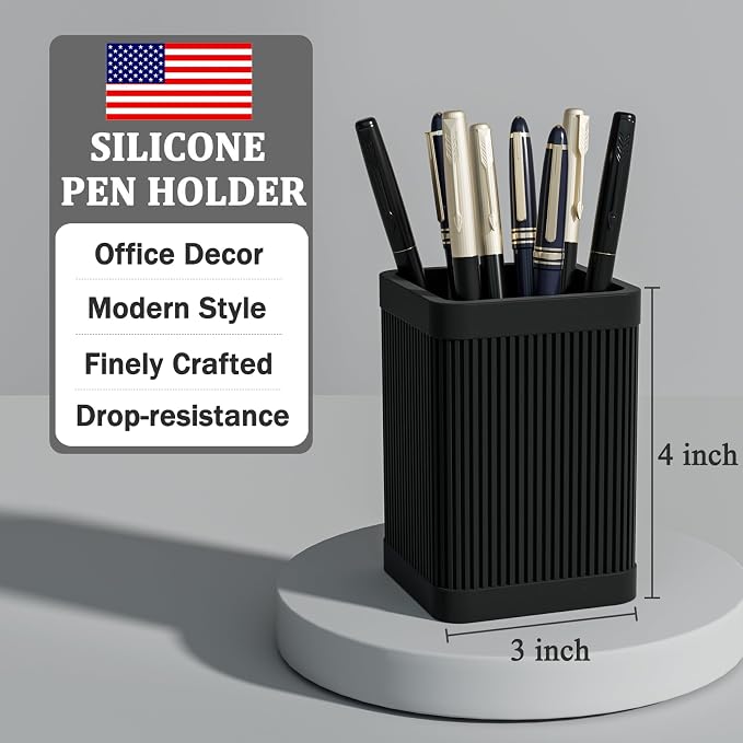 HighHerz Aesthetic Pen Holder For Desk, Modern Silicone Pencil Holder, Stylish Office Desk Decor, Made of 5 mm Thickened Premium Silicone, Office Desk Organizer And Accessories (Black)