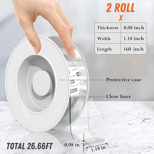 2 Pack Extra Large 1.18 in x 160 in Double Sided Tape Heavy Duty Removable | Clear & Tough Nano Tape, Multipurpose Mounting Tape Picture Hanging Strips Adhesive for Poster Carpet
