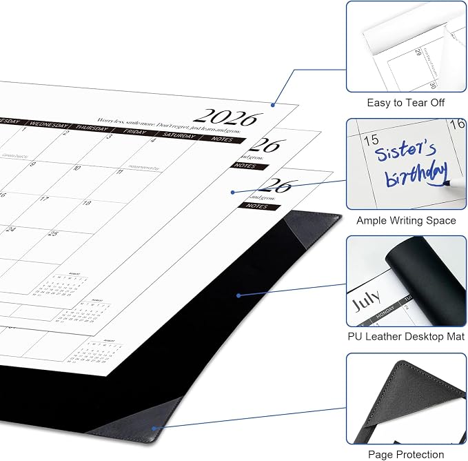 Gannyfer Desk Calendar 2026-2027 with Desktop Mat, Simplified Large 22" x 17" Desktop Pad Calendar, 18 Month Desk Calendar 2026, Use July 2026 to Dec 2027, Office Supplies Perfect for Home School and Office - Black