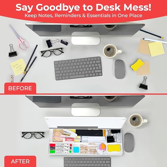 Chalkola Glass Desktop Whiteboard with Storage, Desk Dry Erase Board Buddy | Work Desk Organizers, Computer Keyboard Stand, Home Office Desk Accessories, Small White Board, Workspace Buddy + 3 Markers