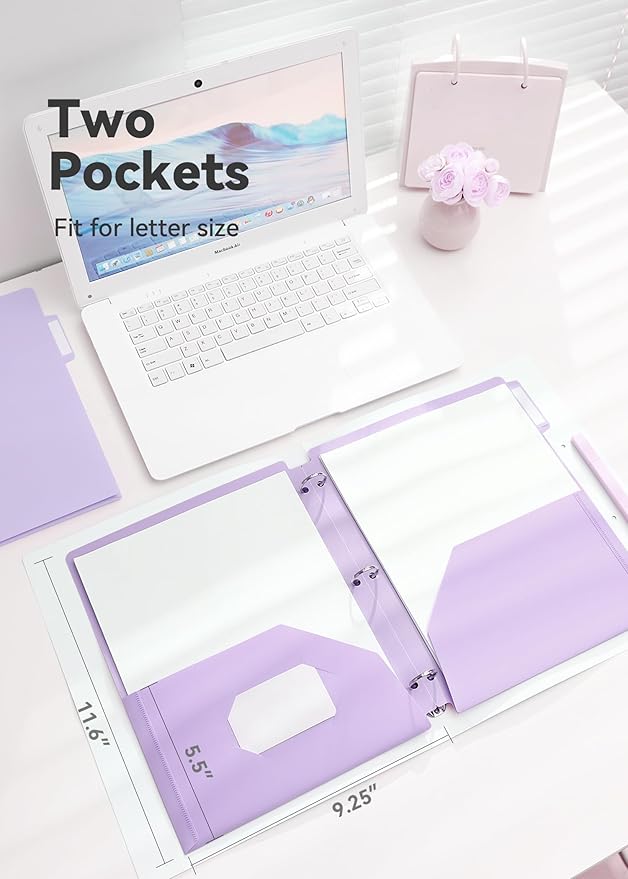 Plastic Folders with Pockets 3 Hole Punched, 6 Pack Purple Pocket Folders for 3 Ring Binder, Unique 1/3 Cut Tabs with Colorful Labels, Letter Size