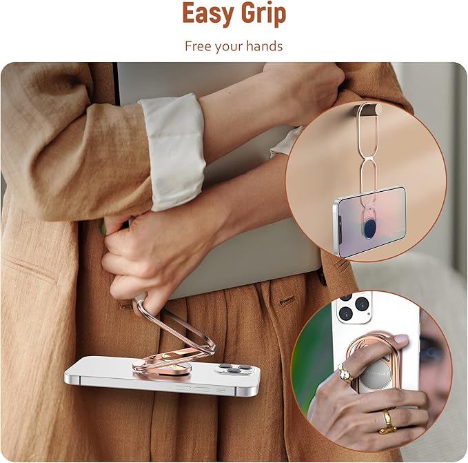 Phone Ring Holder Finger Kickstand 360°Rotation Cellphone Back Grip Foldable Cell Phone Stand for Desk Compatible with iPhone iPad Smartphones Tablets (Hollow Rosegold)