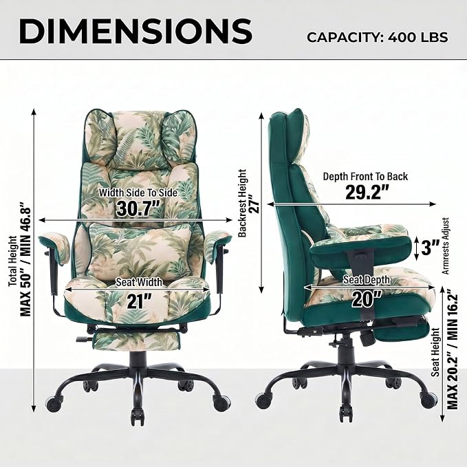 Efomao Watercolor Fabric Executive Office Chair Home Foot Rest, Green | Soft Breathable Computer Desk Seat, Plush Comfy Cushion, Aesthetic Pastel Floral Patterns for Studio Vanity Cozy Setup