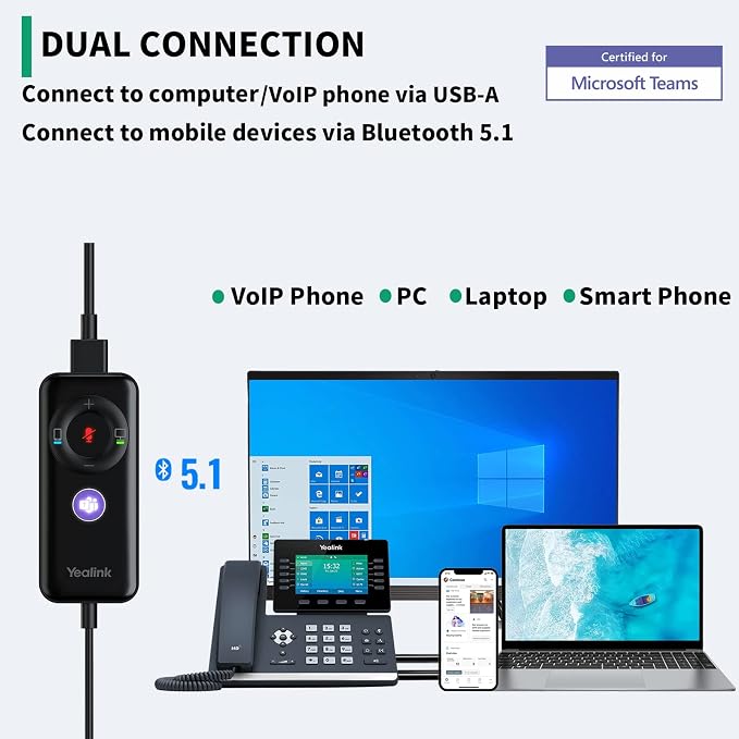 Yealink UH38 USB-A Wired & Bluetooth Headset,Teams Certified,Inline Control | Computer Stereo Headphones, Noise Cancelling Microphone,PC/Laptop/Mac/Tablet/Cell Phone, Call Center, Office, Busylight