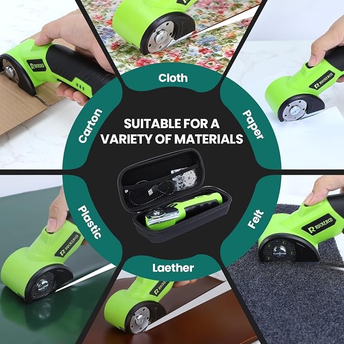 Cordless Electric Scissors Box Cutter 2 Rotary Blades – 4V Duty Rechargeable Cardboard Cutter, Storage Box & Fabric Scissor With Safety Lock, USB Cable – For Plastic, Carpet, Leather, DIY Crafts