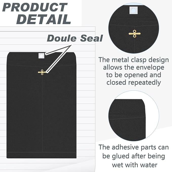 Geyee 100 Pcs Clasp Manilla Envelopes 10 x 13 Inch Gummed Colored Envelopes for Storing or Mailing for Home Office Business Supplies(Black)