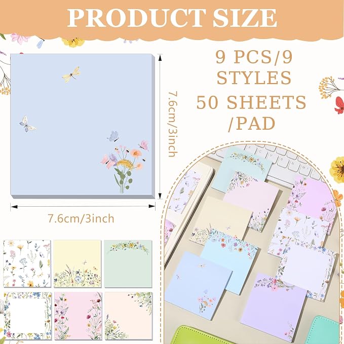 9 Pads Wildflower Sticky Notes, 3x3 Inch Cute Stick Notepads | Adhesive Memo Notes Pad, Coworker Gifts, Office Supplies Decor, Desk Accessories for Students, Teacher, Meeting