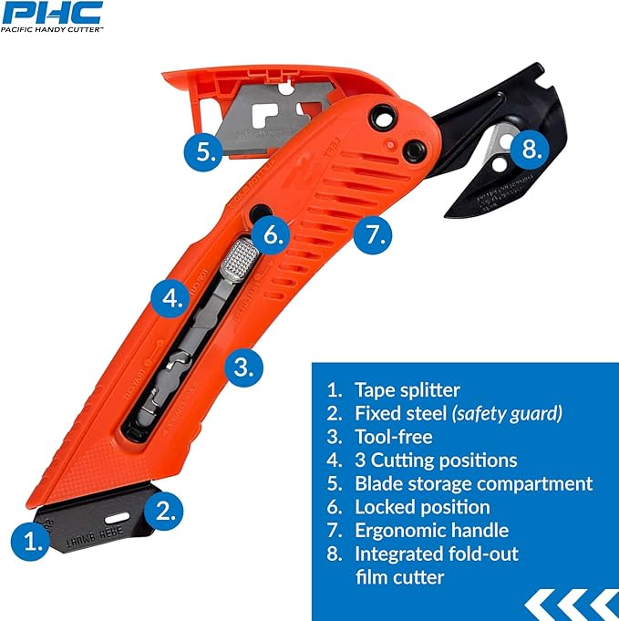 Pacific Handy Cutter S5L Safety Cutter, Left Handed Retractable Utility Knife, Ergonomic Film Cutter, Bladeless Tape Splitter, Steel Guard, Safety, Damage Protection, Warehouse & In-Store Cutting, Red