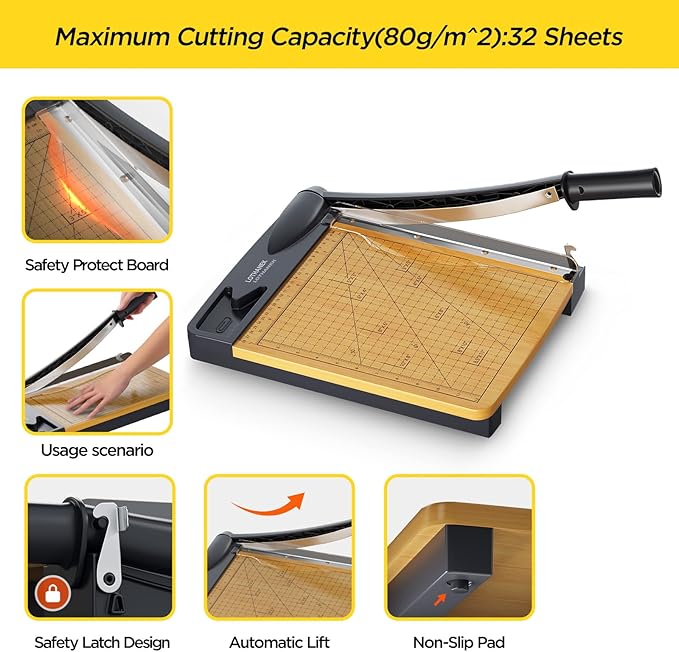12 inch Wood Guillotine Paper Cutter, Heavy Duty Wood Base Paper Trimmer with 12-16 Sheets Capacity Paper Cutting Board for Classroom, Crafting, Cardstock, Art Projects (Gray)