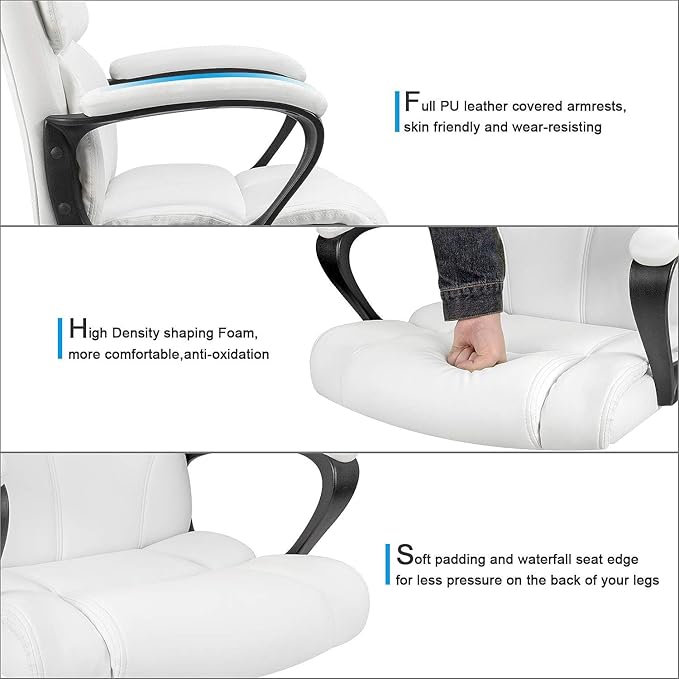 Furmax Mid Back Executive Office Chair Swivel Computer Task Chair with Armrests,Ergonomic Leather-Padded Desk Chair with Lumbar Support(White)