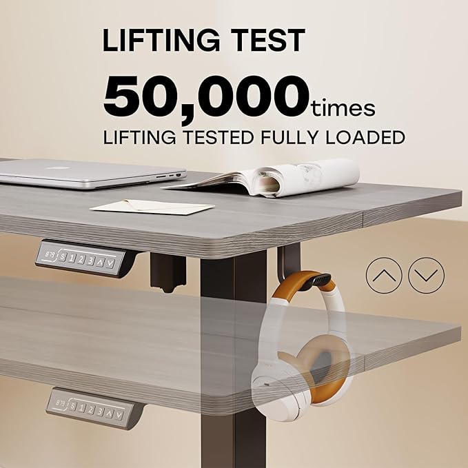 Grey Standing Desk, 48 X 24 Inch Adjustable Height Electric Table, Sit Stand Desk with 2 Hooks, Ergonomic Rising Workstation with Splice Board