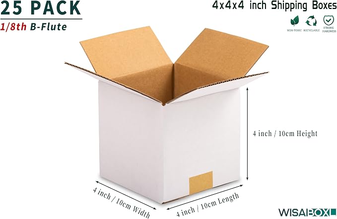 4x4x4 inch White Small Shipping Boxes, 25 Pack | 4 x 4 Mini Boxes, 4" Corrugated Cardboard Box for Mailing, Packing, Moving, Storage