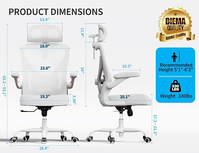 Ergonomic Office Chair: Mesh Desk Chair Comfy with Headrest& Lumbar Support | Ergalithic Big and Tall Office Chairs with Wheels & Flip-Up Arms-Computer Gaming Chairs for Adults Home Office Chairs(White)