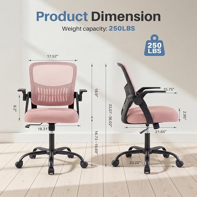 DUMOS Office Desk Chair, Lumbar Support Mesh Home Chair | Ergonomic Computer Mesh, Rocking Mode Flip-up Armrest, Height Adjustable 360 Swivel, Pink
