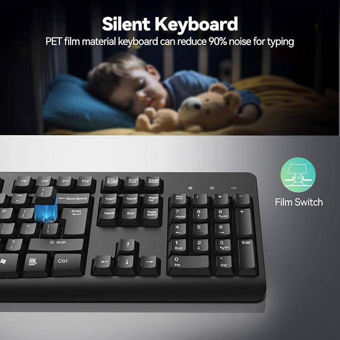 TECKNET Wireless Keyboard, 2.4G Silent Full-Size Keyboard with Number Pad | Ergonomic Keys & Adjustable Feet, Compatible with Laptop, PC, Desktop, Notebook, Windows 11/10/8/7 –Black