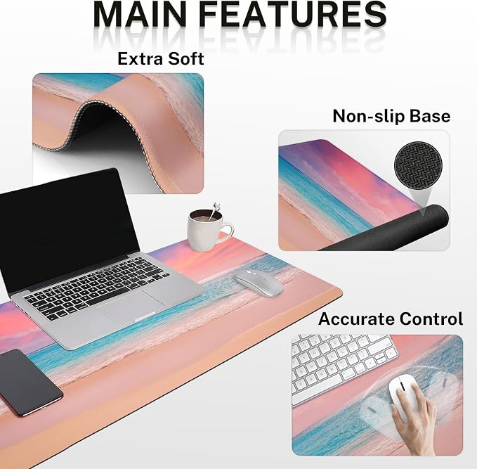 Arttown Keyboard Mouse Pad Set, 4 in 1 Desk Mat Set Beach Ocean Turquoise | Sky Dusk Large Mousepad+Keyboard Wrist Rest+Mouse Wrist Rest+Coaster Ergonomic Design for Home Office Computer