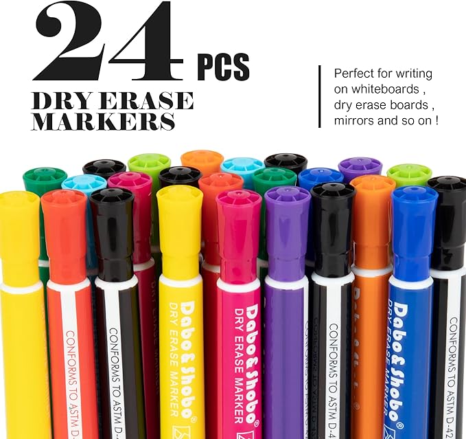 Dabo&Shobo Dry Erase Markers 24 Pack, 10 Assorted Colors With Low Odor Ink, Chisel Tip, Whiteboard Markers For Office