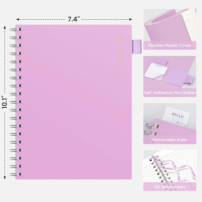 EMSHOI Lined Spiral Journal Notebook, 300 Pages, B5 Size (7.4'' x 10.1'') | College Ruled, 100 GSM Thick Paper, Flexible Plastic Cover, for School, Writing, Work, Office & Journaling (Purple)