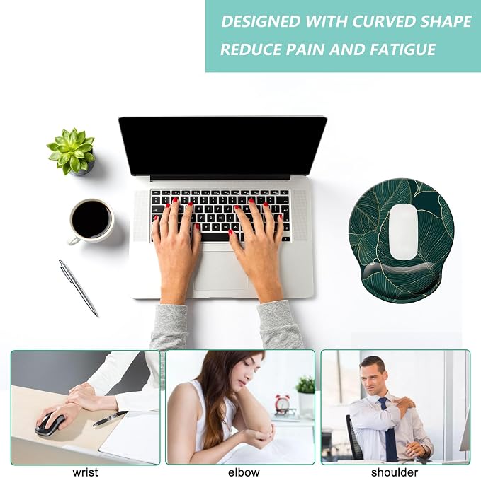 Mouse Pad with Wrist Support, Ergonomic Mouse Pad with Memory Foam Wrist Rest Cushion, Non-Slip Rubber Base Gaming Mice Pad for Home Office Computer Laptop, Green Leaves