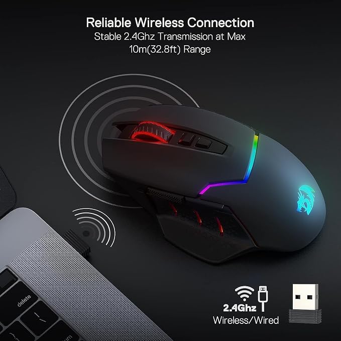Redragon M690 PRO Wireless RGB Gaming Mouse 8000 DPI Remapping Keys | Cable-Free 0 Delay, Rapid-Fire Macro Keybinds, Vibing Backlight, Ergonomic Grip Body Comfort