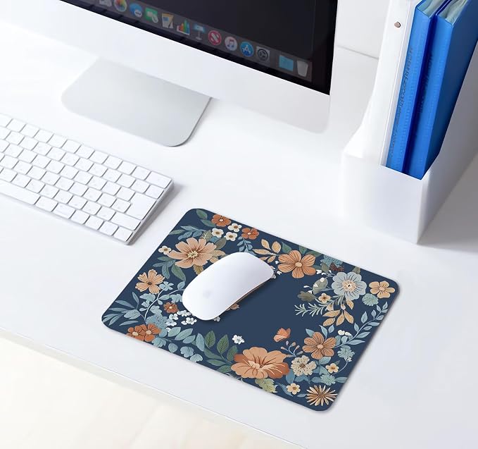Cute Flowers Blue Mouse Pad Small, Boho Floral Mousepad for Women, Office, Gaming, Abstract Retro Vintage Colorful Square Computer Pad for Wireless Mouse, 9.5x7.9 inch