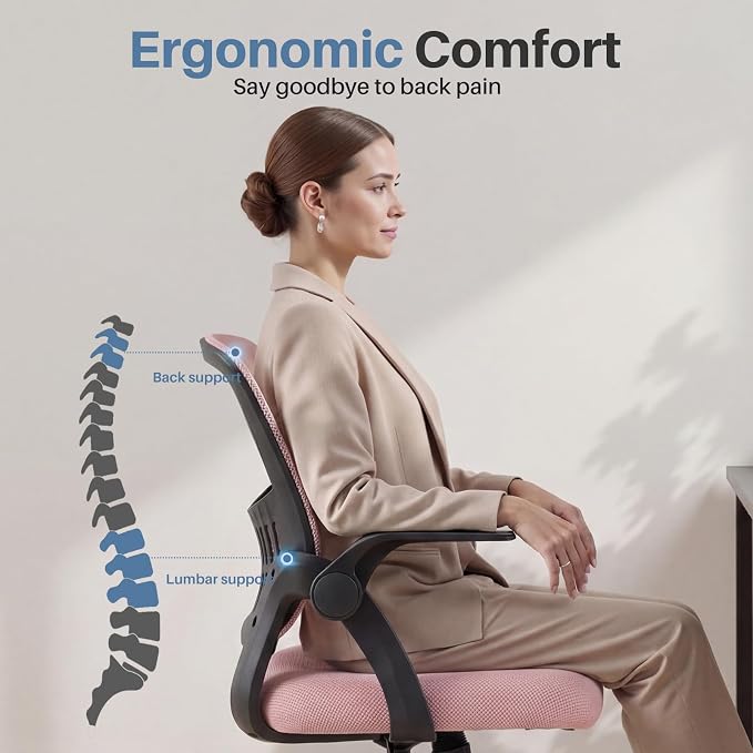 DUMOS Office Desk Chair, Lumbar Support Mesh Home Chair | Ergonomic Computer Mesh, Rocking Mode Flip-up Armrest, Height Adjustable 360 Swivel, Pink
