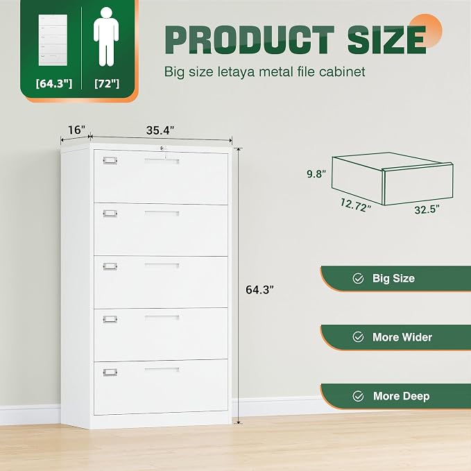 Lateral 5 Drawer File Cabinet with Lock,Metal Wide White Filing Cabinets for Home Office Storage A4/F4/Letter/Legal(Assembly Required)