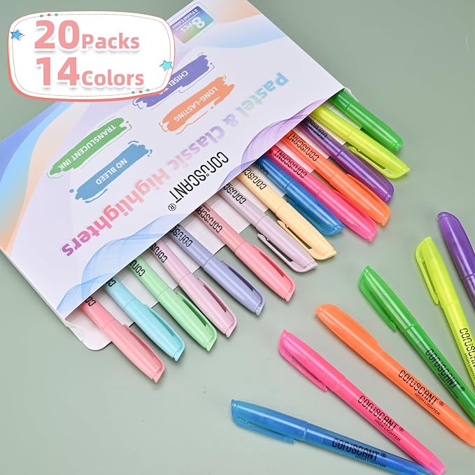coruscant Assorted Colors Highlighters Set, 20 Pack, Chisel Tip Cute Bible Highlighters and Candy Color, No Bleed Dry Quickly, for Journal Bible Study, Good for thin paper School Office Supplies