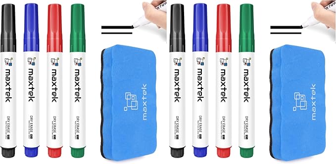 maxtek Dry Erase Markers with Magnetic Eraser, Chisel Tip, 4 Count (Pack of 2)