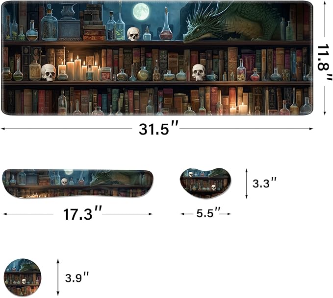 Desk Pad and Keyboard Wrist Rest, Large Mouse Pad + Keyboard Pad+Mouse Wrist Support, Non-Slip Desk Mat Protector for Office, Home 31.5×11.8 Inches Gothic Skull