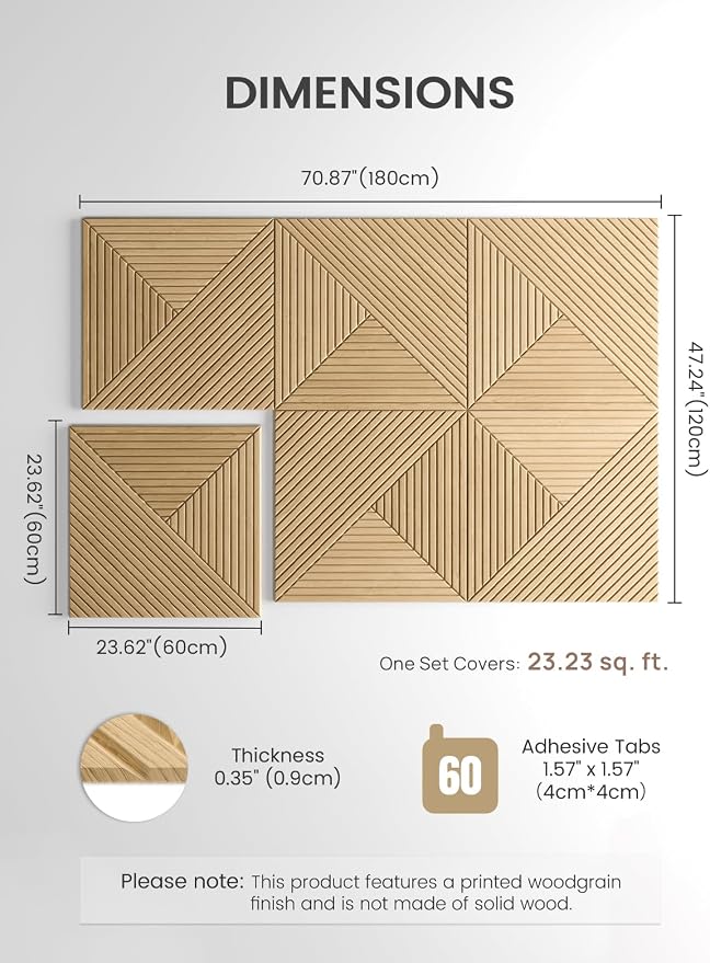Fluxynara 6-Pack Large Felt Bulletin Board, Natural Oak Facet | 70.87" x 47.24" Cork Board Alternative, Acoustic Wall Panels with 60 Adhesive Tabs for Recording Studios and Home Offices