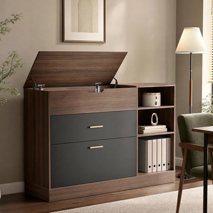47.2" Office Storage Cabinet with Drawers, Flip-Top File Cabinet | Office Storage Cabinet,Flip-top Hidden Storage, 2 Drawers,Legal / Letter / A4 File Drawer, Adjustable Shelf, Black Walnut
