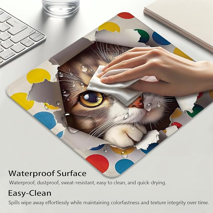 Naughty Cat Mouse Pad, Funny Kitty Peaking Through a Torn Desk Mat | Pet and Colorful Polka Dots Print Design, Cute Mousepad Stitched, Anti-Slip Base Smooth Surface, 9.5 x 7.9 Inch