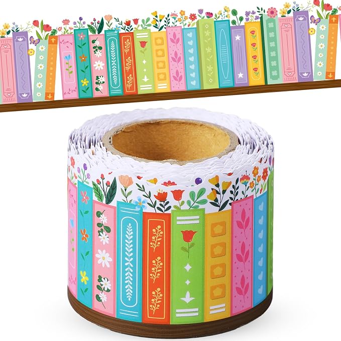 32.8 Ft Wildflower Bookshelf Bulletin Borders Scalloped Trim | Wildflower Design with Colorful Book Spines, For Classroom Library Decorations, Back to School Bulletin Displays